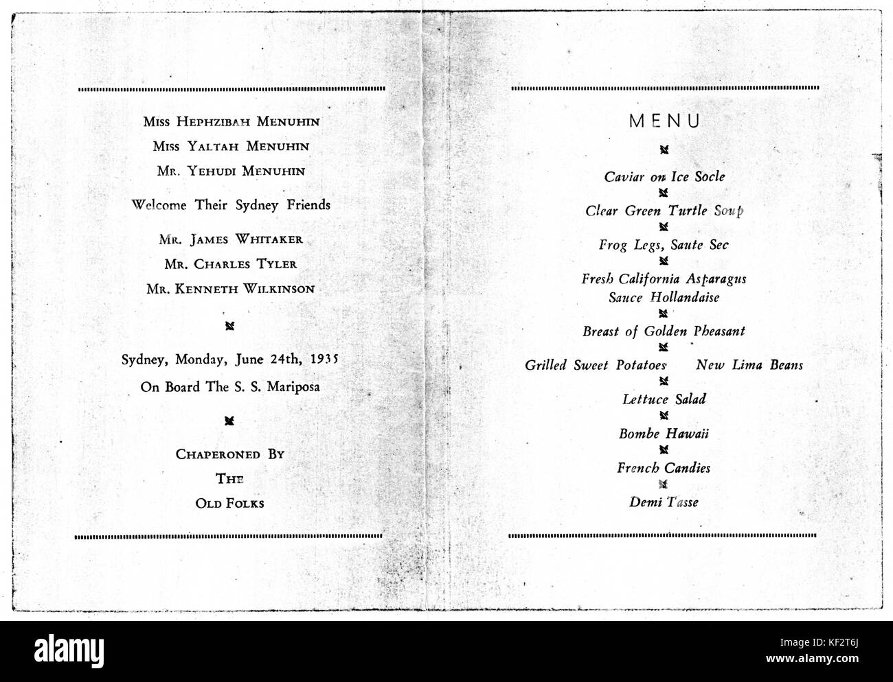 Menuhin family celebration menu. Celebration, 24th June, 1935, Sydney. On the S.S Mariposa. Held by Hephzibah, Yaltah and Yehudi Menuhin. Courtesy of Charles Tyler. Stock Photo