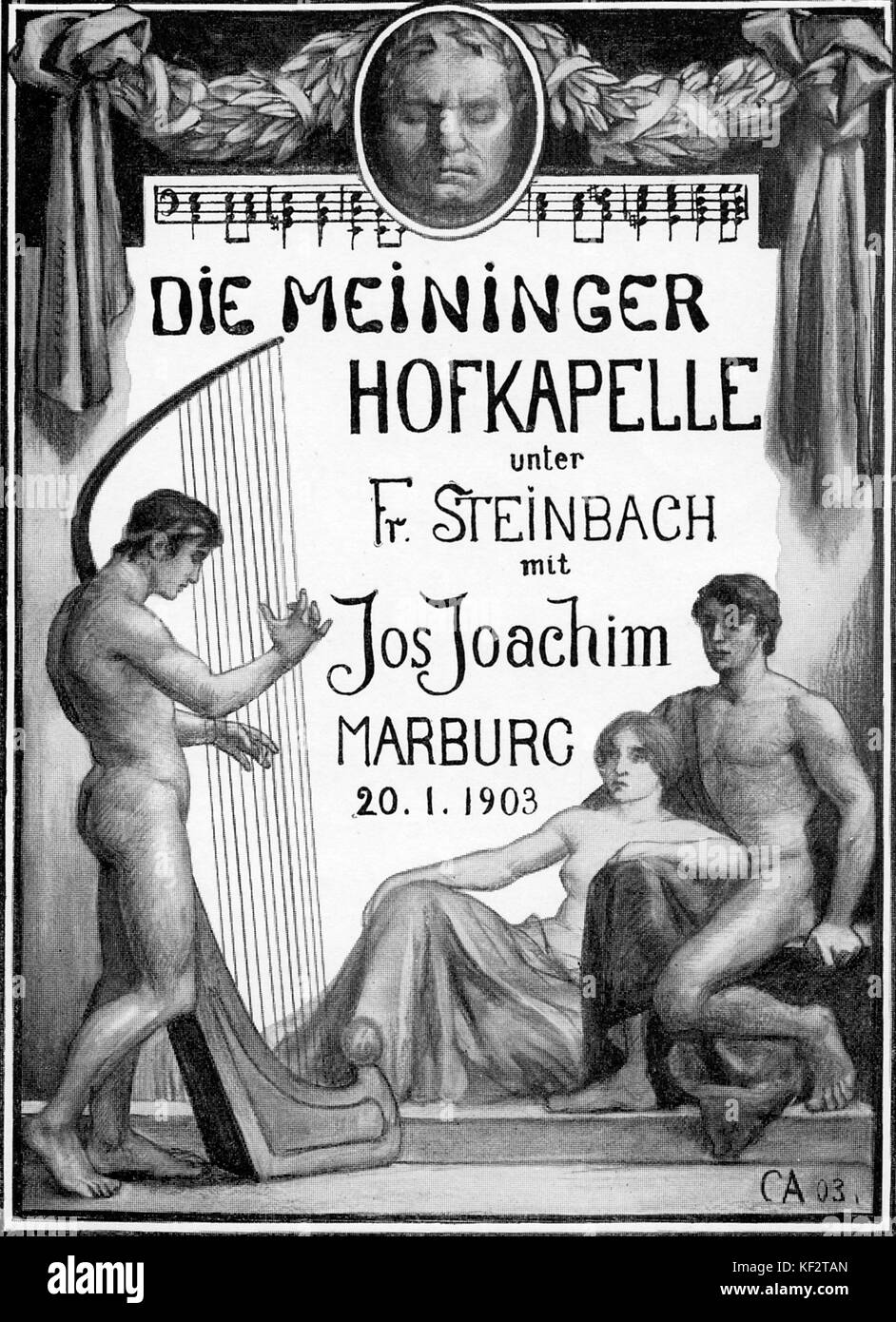 Programme for Meiningen orchestra concert, conducted by Fritz Steinbach, with Joseph Joachim, in Marburg, Germany, 20 January 1903. Designed by Carl Ambrust.  FS: German conductor, 17 June 1855 - 13 August 1916. JJ: Austrian violinist,  June 1831 – August 1907. Stock Photo