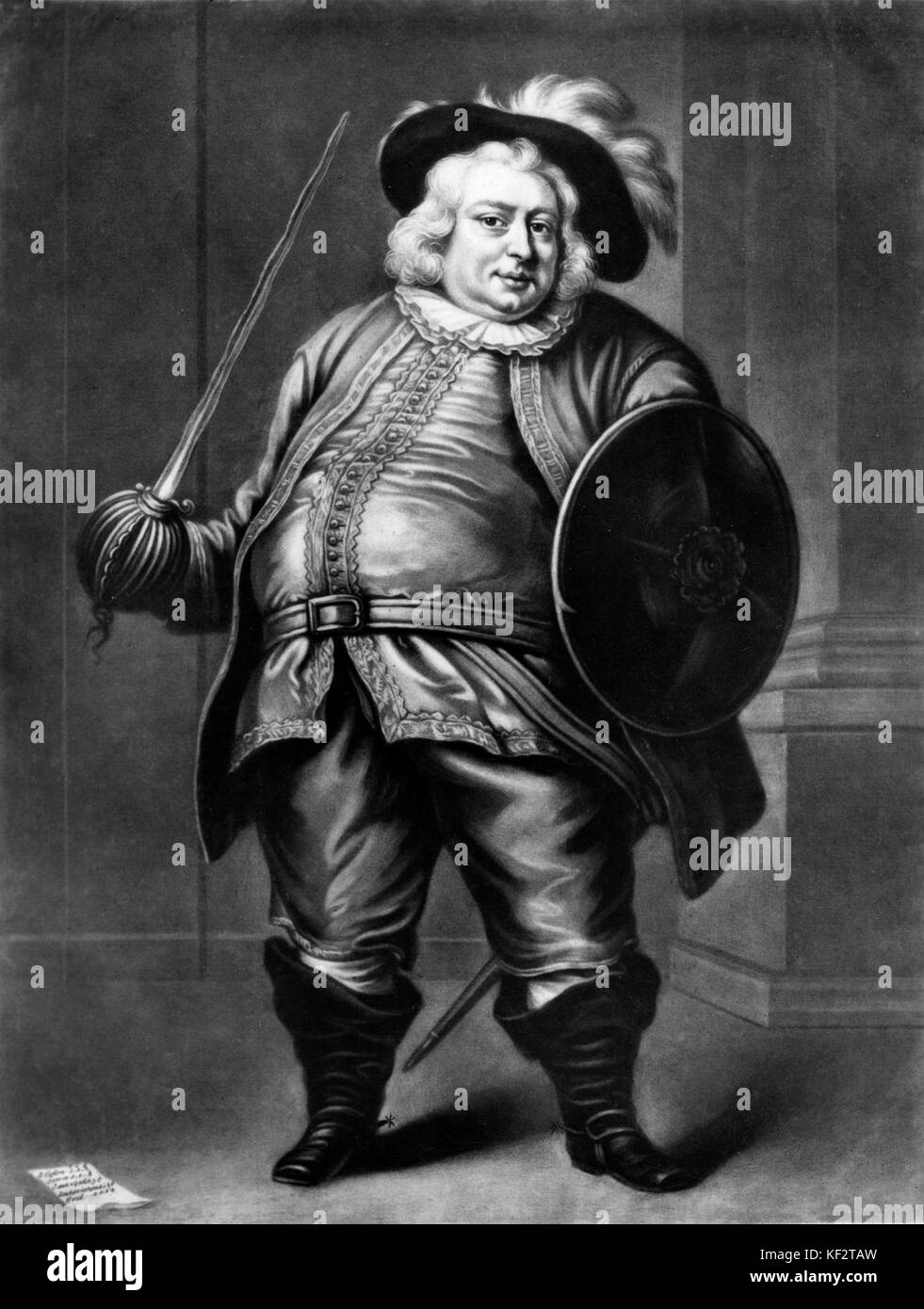 James Quin as Sir John Falstaff, a character created by William Shakespeare. Original mezzotint by James McArdell. JQ: English actor, 24 February 1693 – 21 January 1766. WS: English poet and playwright baptised 26 April 1564 – 23 April 1616. Stock Photo