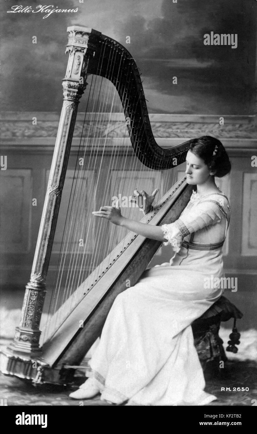 Lily Kajanus-Blenner playing harp. Finnish harpist, daughter of conductor Robert Kajanus and sister of harpist Aino Kajanus-Mangström, 11 Aug, 1885 - 6 June, 1963. Stock Photo