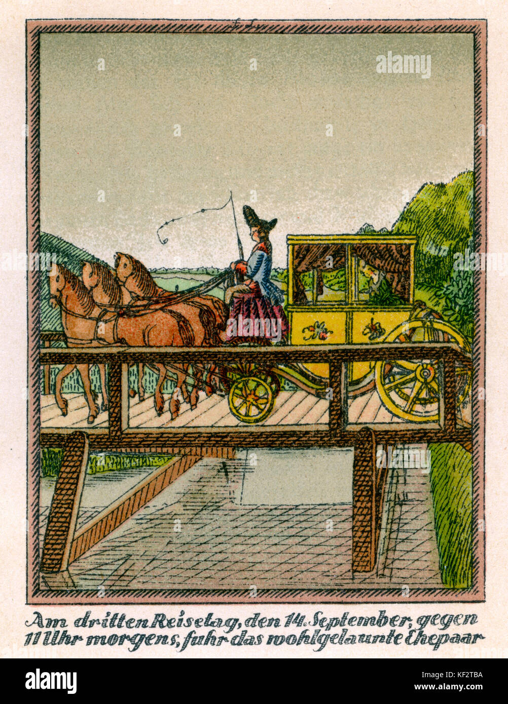 Mozart 's Journey to Prague, 1856. Fictional account of Mozart's journey with his wife Constanze in Autumn 1787 to Prague, where his opera Don Giovanni was to premiere. Caption reads: 'Am dritten Reisetag, den 14 September, gegen 11 Uhr morgens, fuhr das wohlgelaunte Ehepaar' ['On the third day of the journey, the 14th of September, at 11 o'clock in the morning, the good-humoured couple setting off']. Novella published 1856. EM:  German romantic poet and author, 8 September 1804 – 4 June 1875. WAM: Austrian composer, 27 January 1756 - 5 December 1791. Stock Photo