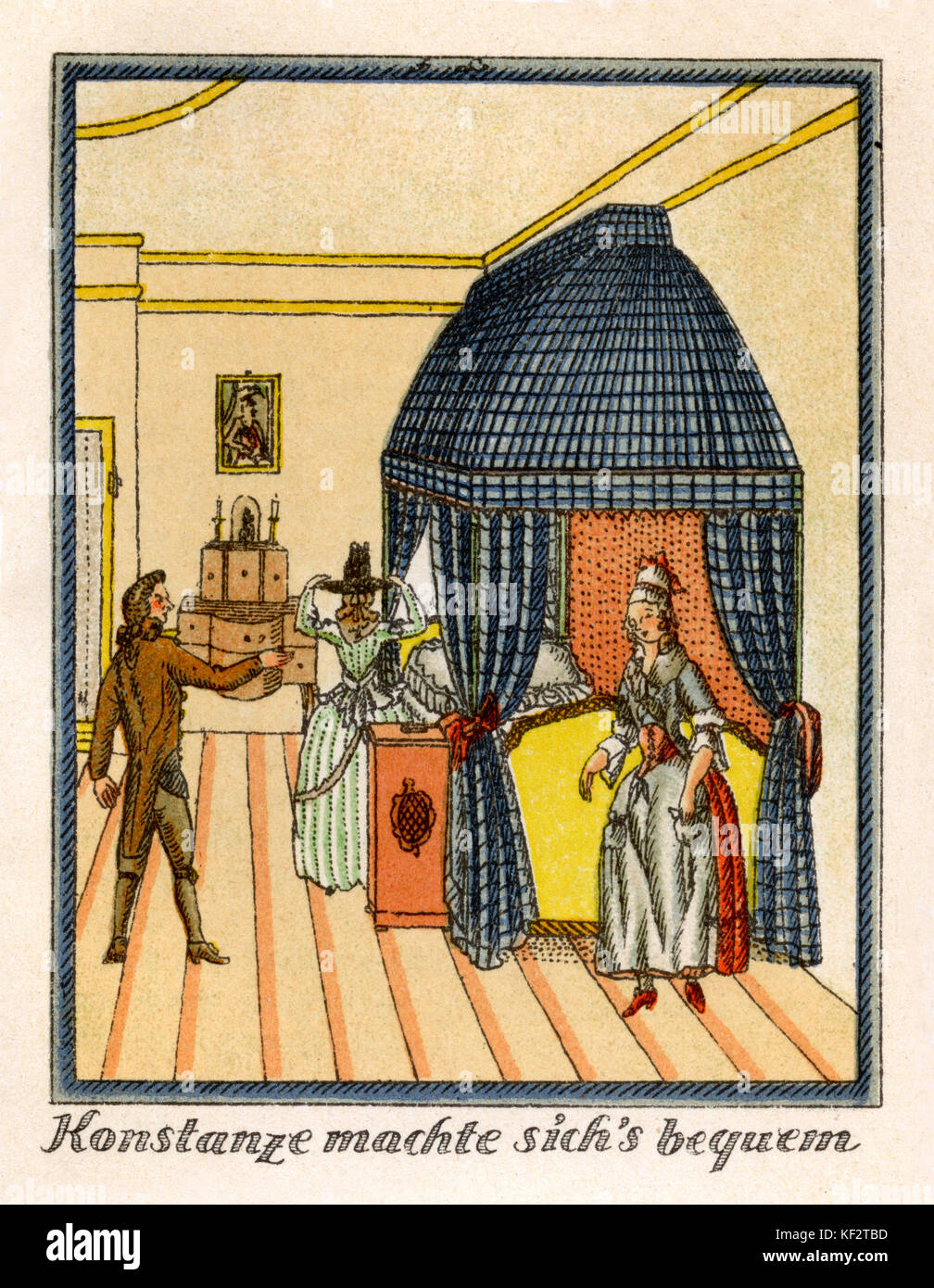 Mozart 's Journey to Prague, 1856. Fictional account of Mozart's journey with his wife Constanze in Autumn 1787 to Prague, where his opera Don Giovanni was to premiere. Caption reads: 'Konstanze machte sich's bequem' ['Constanze made herself comfortable']. Mozart and Constanze find themselves in the castle of the Count of Schinzberg.  EM:  German romantic poet and author, 8 September 1804 – 4 June 1875. WAM: Austrian composer, 27 January 1756 - 5 December 1791. Stock Photo