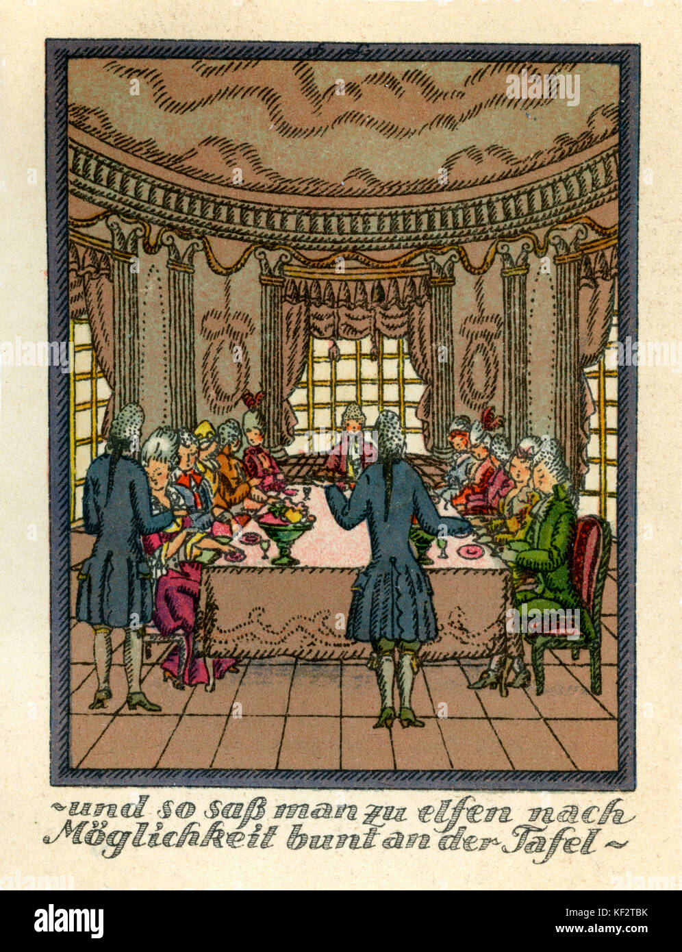 Mozart 's Journey to Prague, 1856.  Fictional account of Mozart's journey with his wife Constanze in Autumn 1787 to Prague, where his opera Don Giovanni was to premiere. Caption reads: ' und so saß man zu elfen nach Möglichkeiten bunt an der Tafel' [  and so they sat as eleven, as colourfully as it was possible, at the table']. Mozart and Constanze at dinner in the Schinzberg manor house.  EM:  German romantic poet and author, 8 September 1804 – 4 June 1875. WAM: Austrian composer, 27 January 1756 - 5 December 1791. Stock Photo