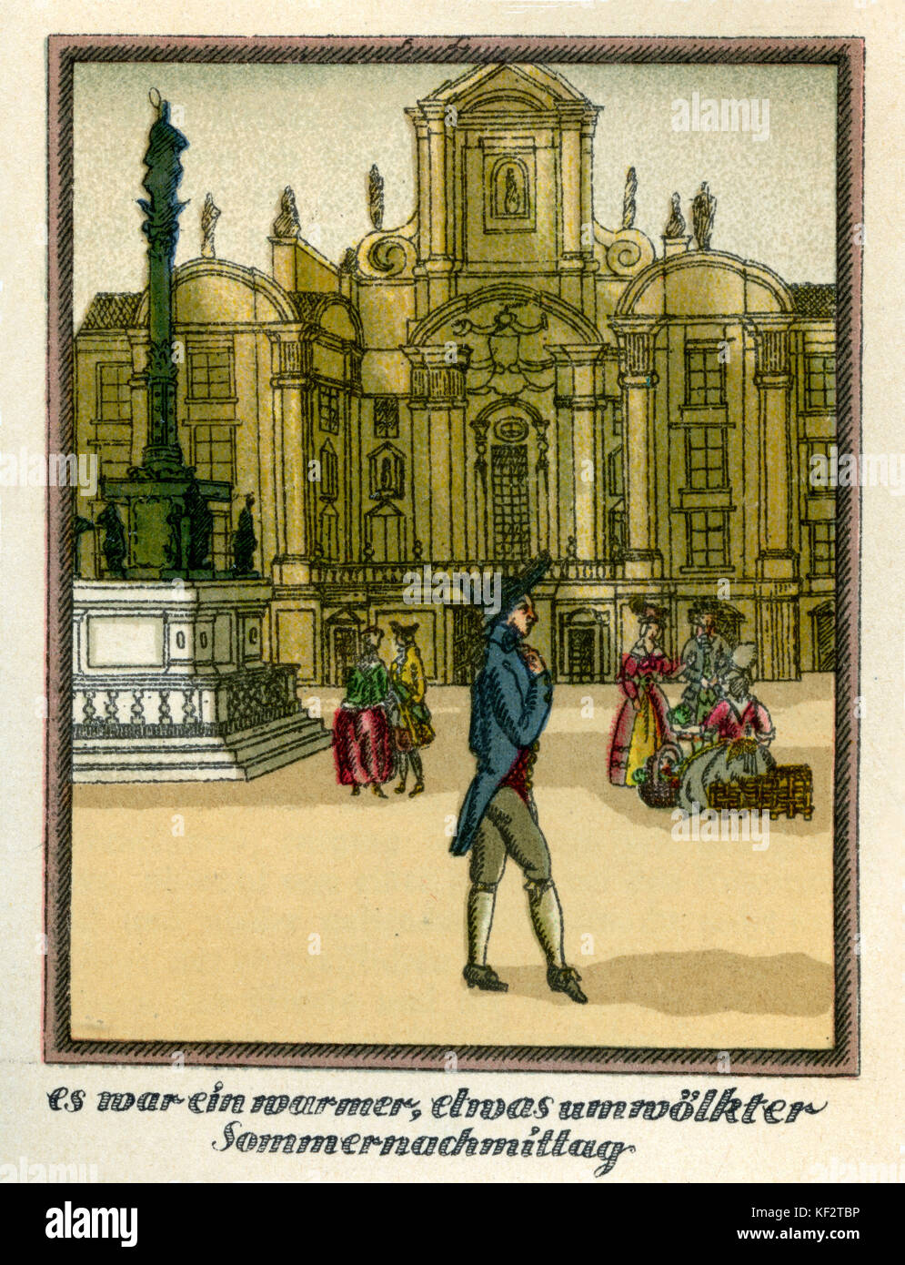 Mozart 's Journey to Prague, 1856. Fictional account of Mozart's journey with his wife Constanze in Autumn 1787 to Prague, where his opera Don Giovanni was to premiere. Caption reads:'…es war ein warmer, etwas umwölkter Sommernachmittag' ['It was a warm, somewhat overcast summer afternoon']. Mozart and Constanze and the Schinzberg estate.  EM:  German romantic poet and author, 8 September 1804 – 4 June 1875. WAM: Austrian composer, 27 January 1756 - 5 December 1791. Stock Photo