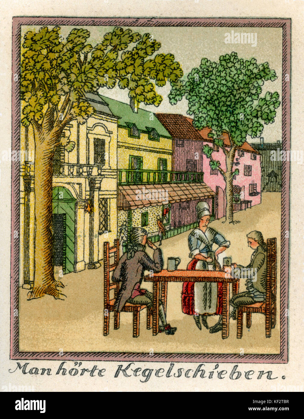 Mozart 's Journey to Prague, 1856.  Fictional account of Mozart's journey with his wife Constanze in Autumn 1787 to Prague, where his opera Don Giovanni was to premiere. Caption reads:' Man hört Kegelschieben'  EM:  German romantic poet and author, 8 September 1804 – 4 June 1875. WAM: Austrian composer, 27 January 1756 - 5 December 1791. Stock Photo