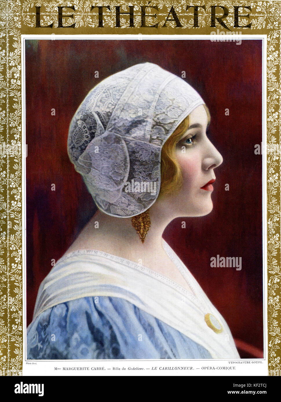 Marguerite Carré as Godelieve in ' Le Carillonneur ' on the cover of Le Theatre, 1913. ( Bert.) Le Carillonneur (The Bells of Bruges) is an opera  by Belgian author Georges Rodenbach. Stock Photo