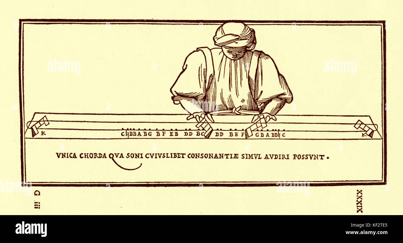 TROMBA MARINA/ MONOCHORD Diagram from FOGLIANO's Musica Theoretica (Venice 1529) showing man playing monochord use of bridges to show intervals Stock Photo