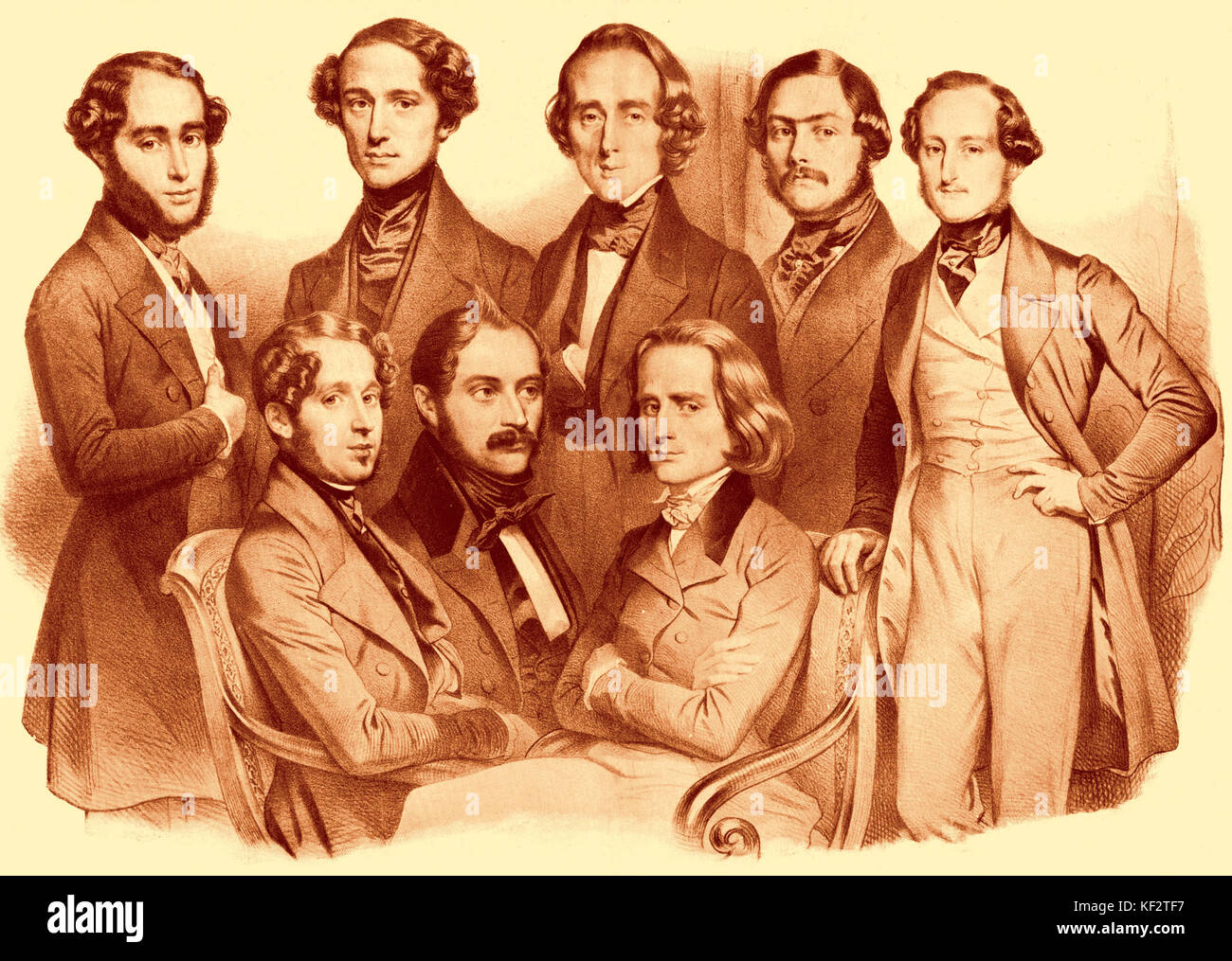 CHOPIN - Young school of Paris pianists Lithograph by Maurins. Standing l. to r. J.Rosenhain, Döhler, Chopin, A. Dreyschock & Thalberg. Sitting - E. Wolff, Henselt & Liszt   Frederic Chopin Polish composer (1810-1849) Stock Photo