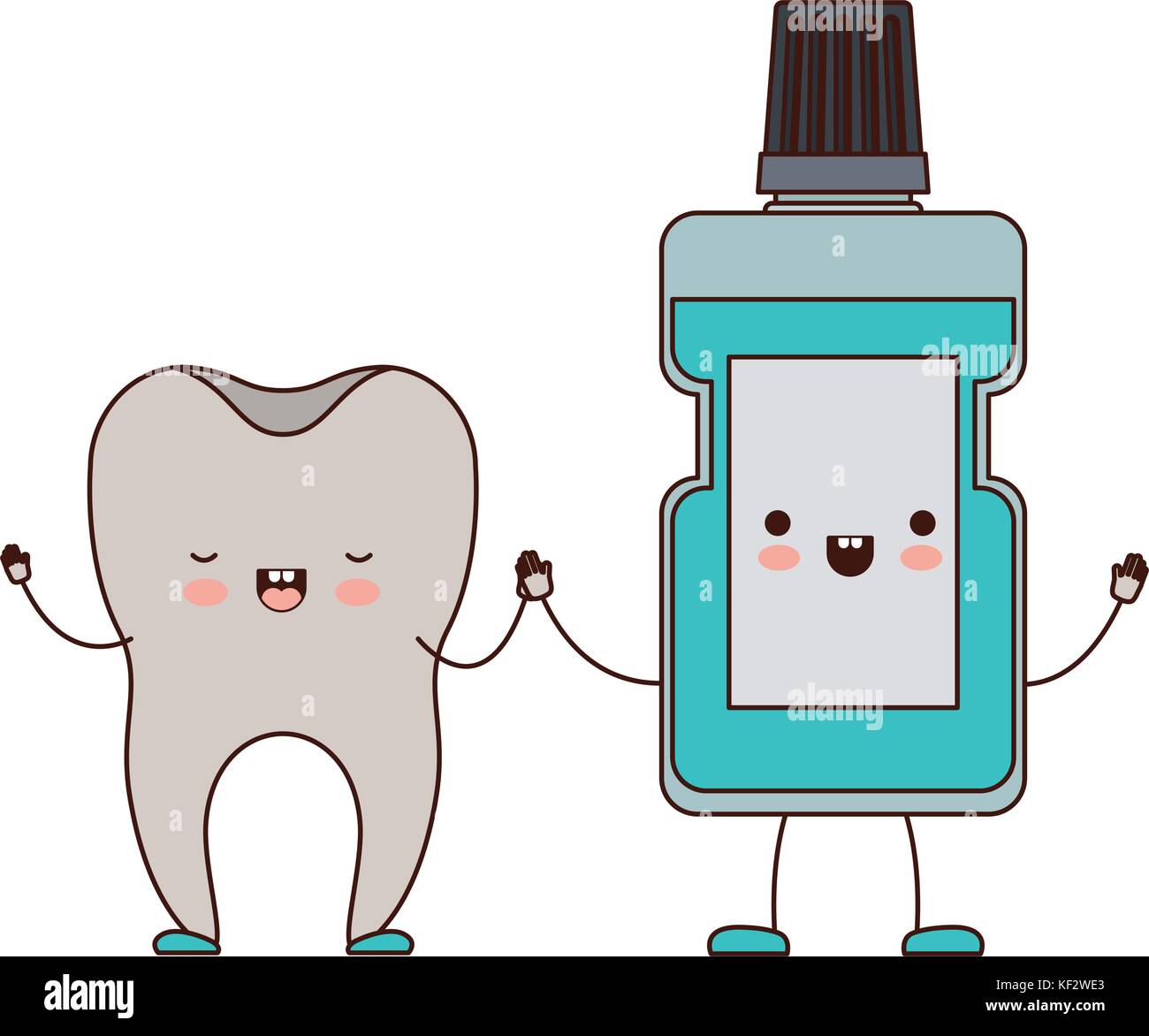 tooth and mouthwash in cartoon holding hands in colorful silhouette ...