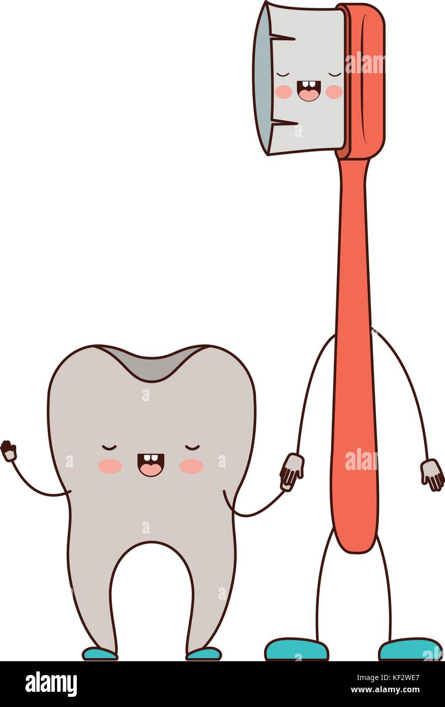 tooth and toothbrush in cartoon holding hands in colorful silhouette ...