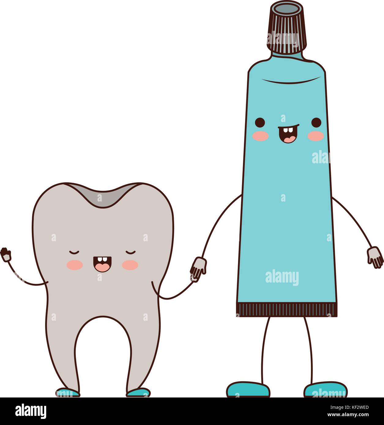 tooth and toothpaste in cartoon holding hands in colorful silhouette ...