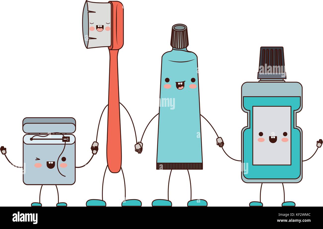 dental floss and toothbrush and toothpaste and mouthwash in cartoon