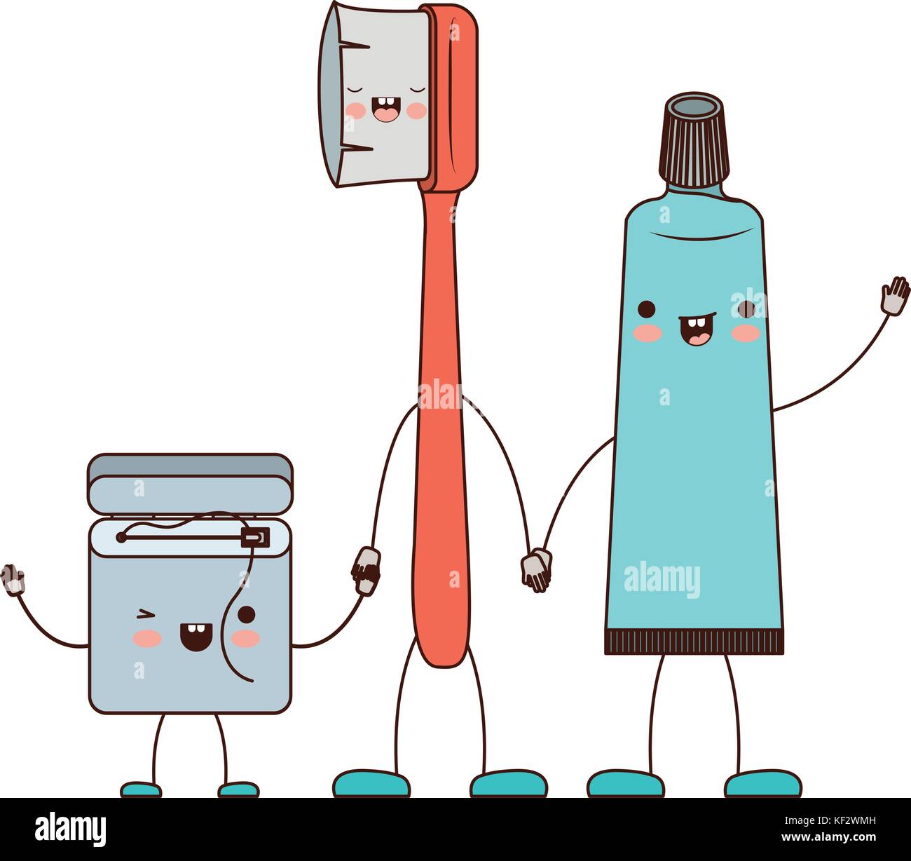 dental floss and toothbrush and toothpaste in cartoon holding hands in ...