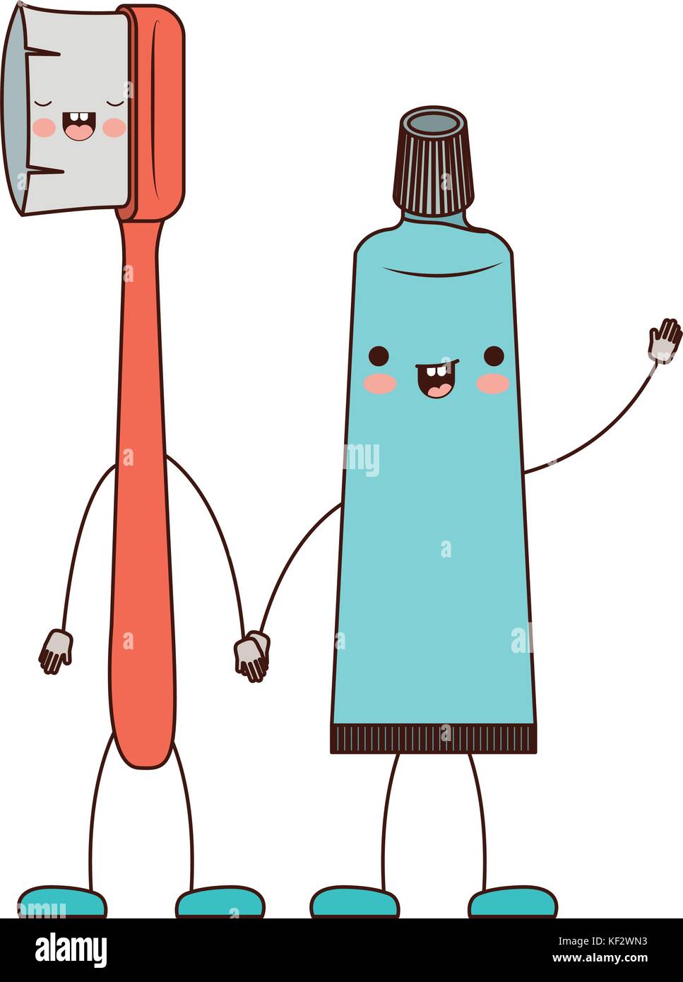 toothbrush and toothpaste in cartoon holding hands in colorful ...