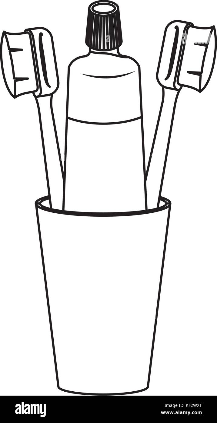 glass with toothpaste and toothbrushes monochrome silhouette Stock ...