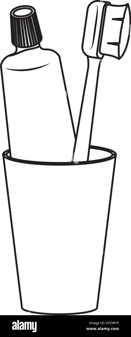 glass with toothpaste and toothbrush monochrome silhouette Stock Vector ...