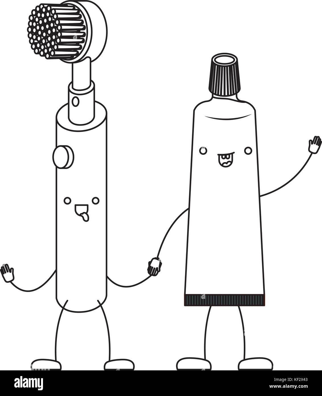electric toothbrush and toothpaste holding hands in monochrome ...