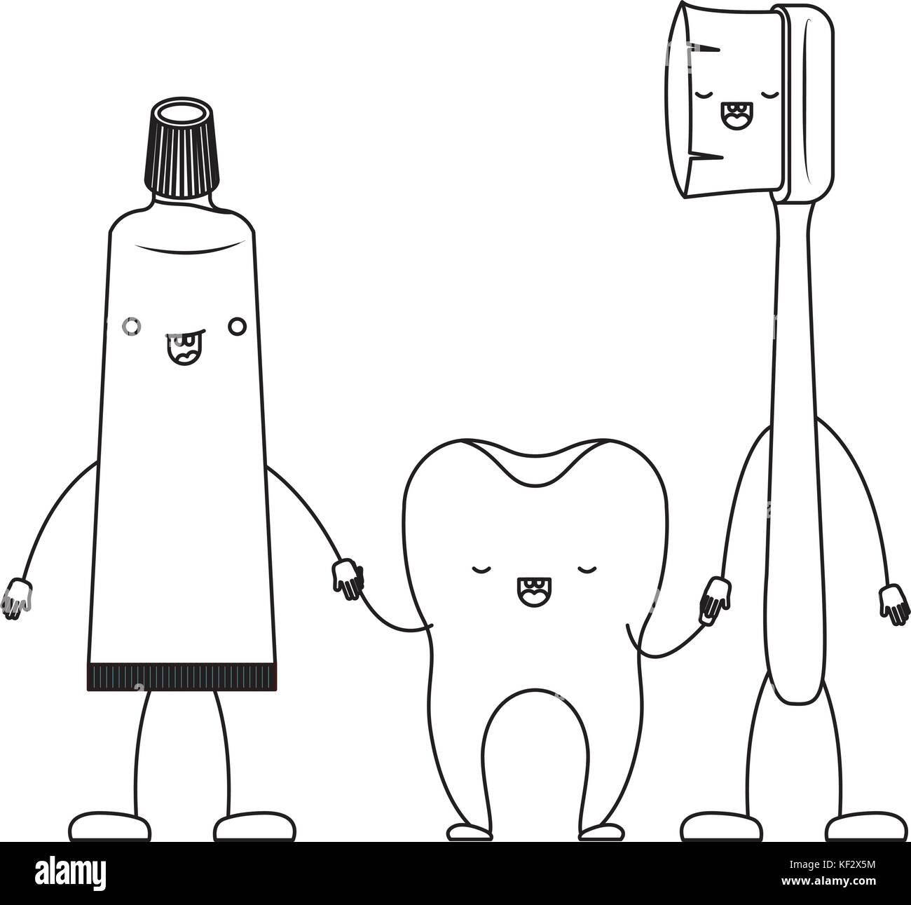 toothpaste and tooth and toothbrush in cartoon holding hands in