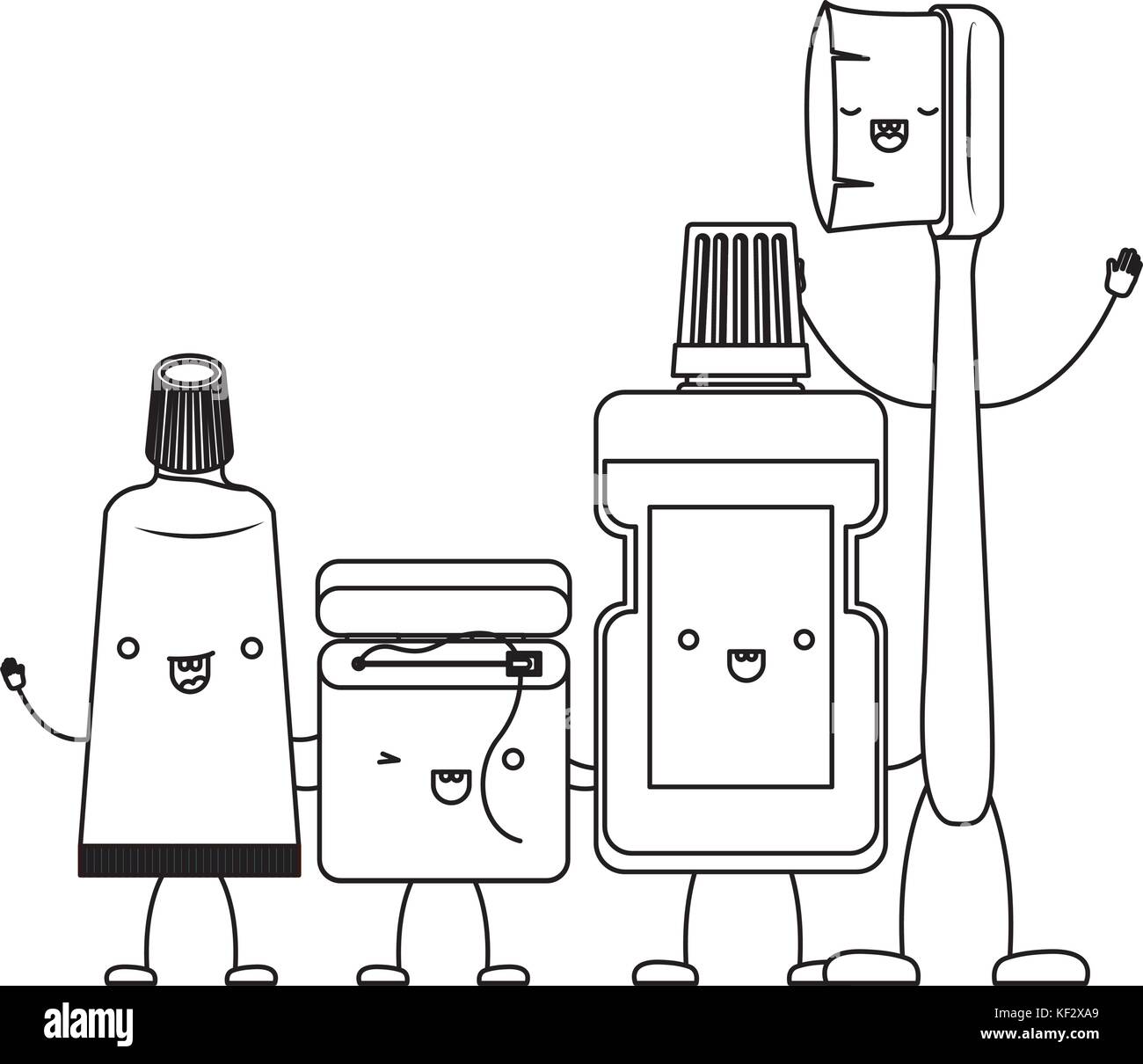 toothpaste and dental floss and mouthwash and toothbrush in cartoon