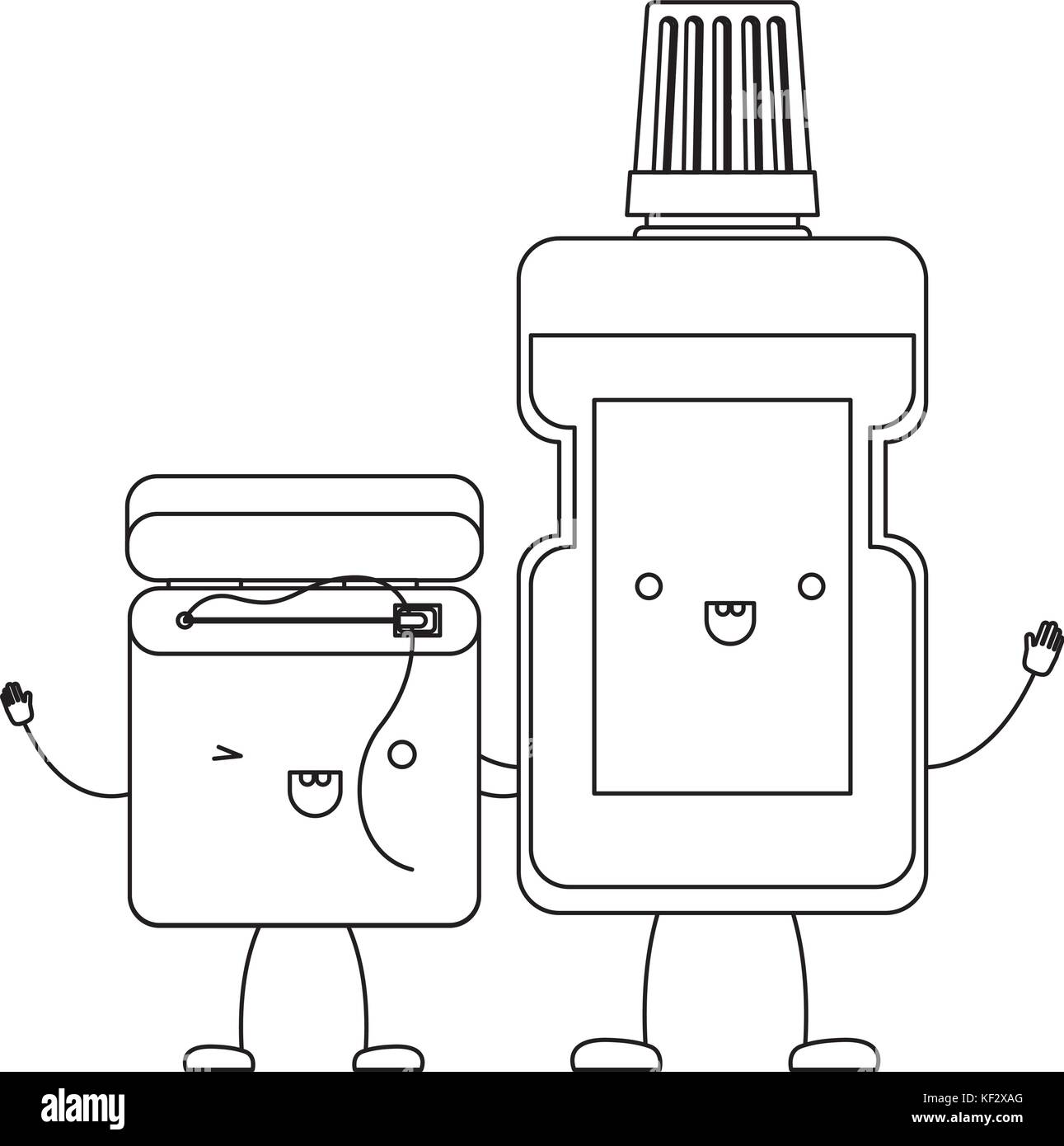 dental floss and mouthwash in cartoon holding hands in monochrome ...