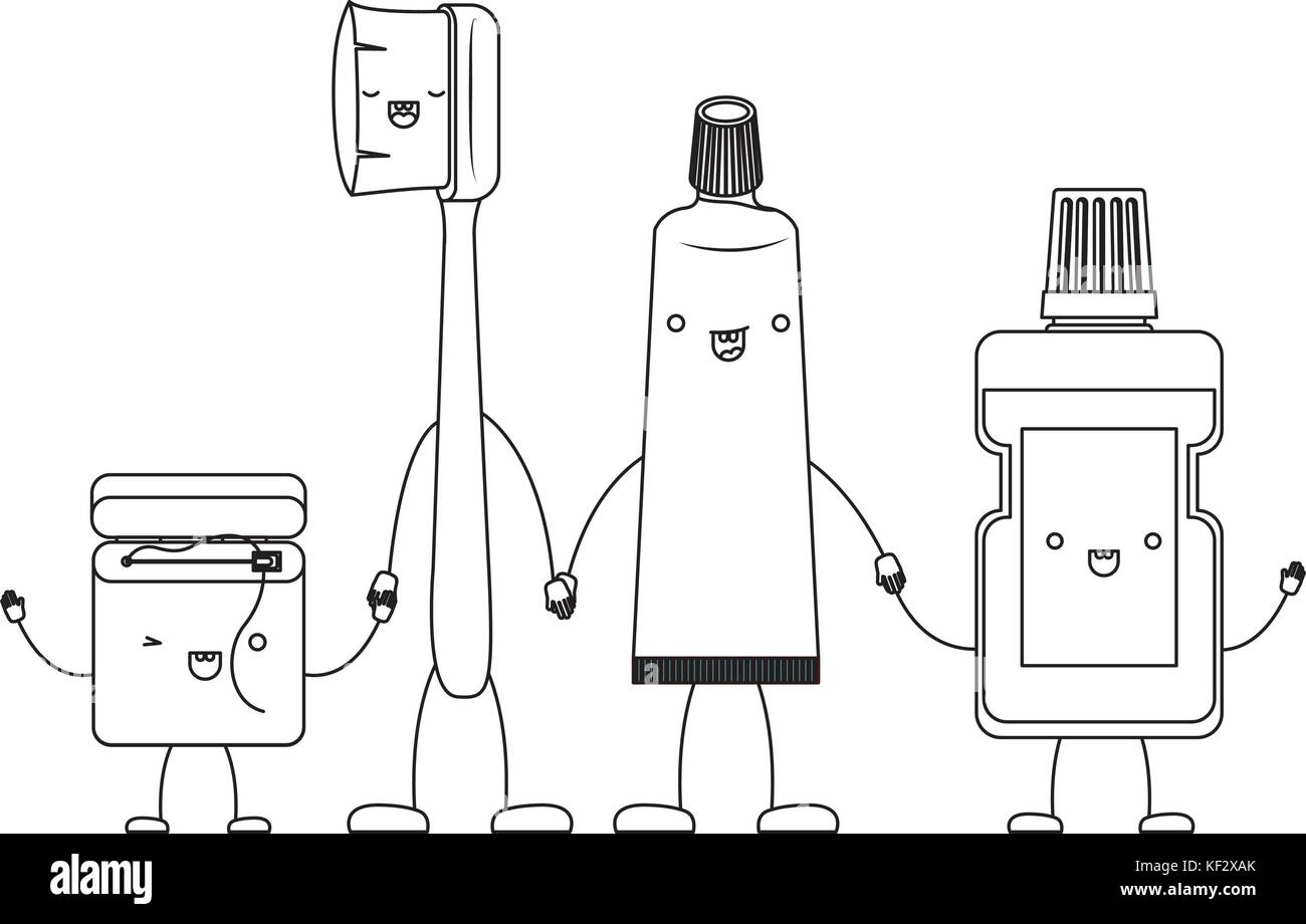 dental floss and toothbrush and toothpaste and mouthwash in cartoon