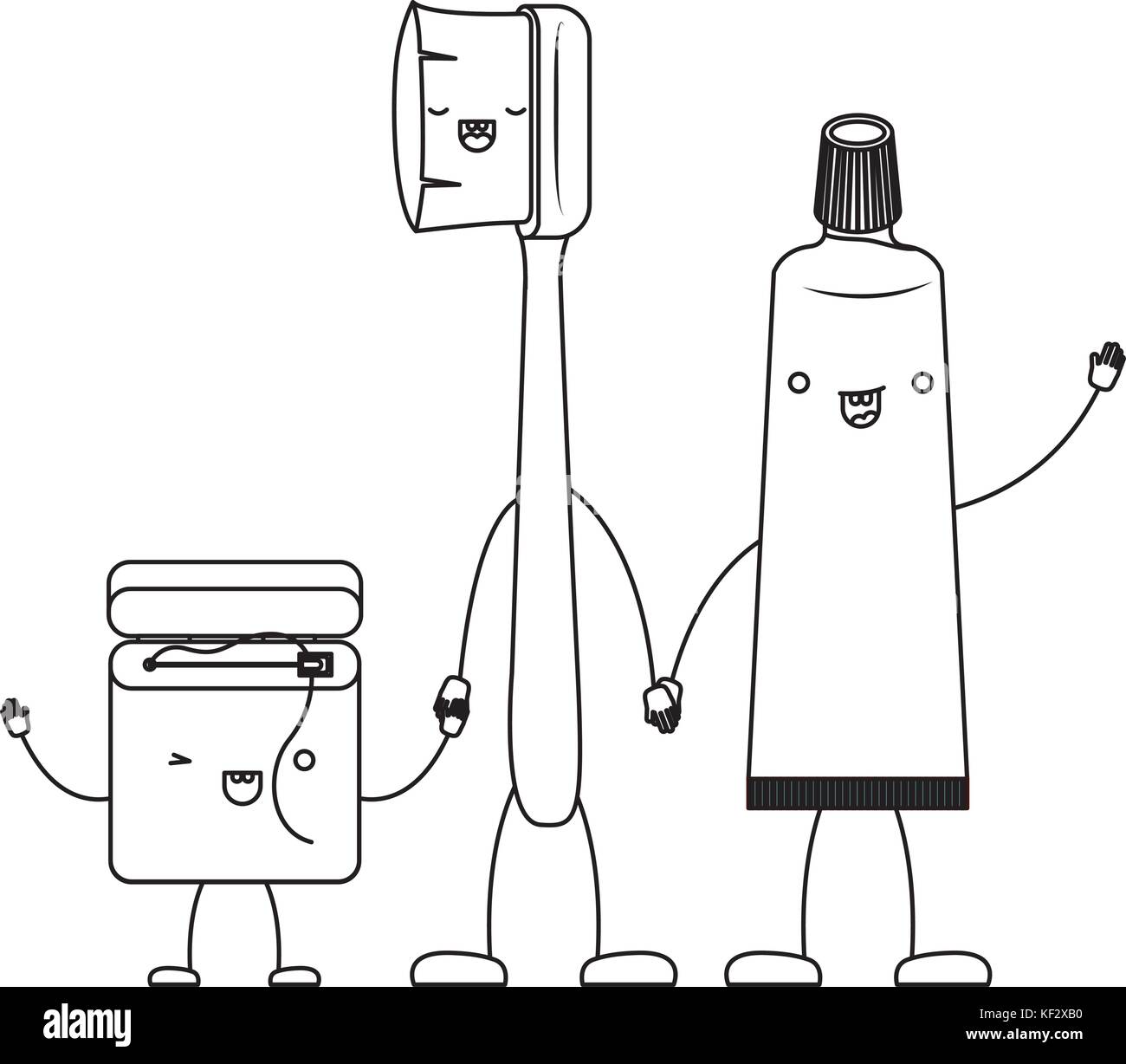 dental floss and toothbrush and toothpaste in cartoon holding hands in ...
