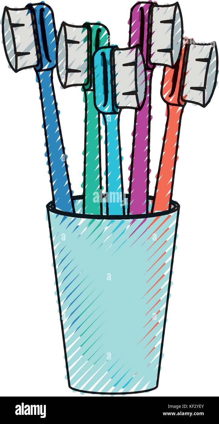 glass with several toothbrush in colored crayon silhouette Stock Vector ...