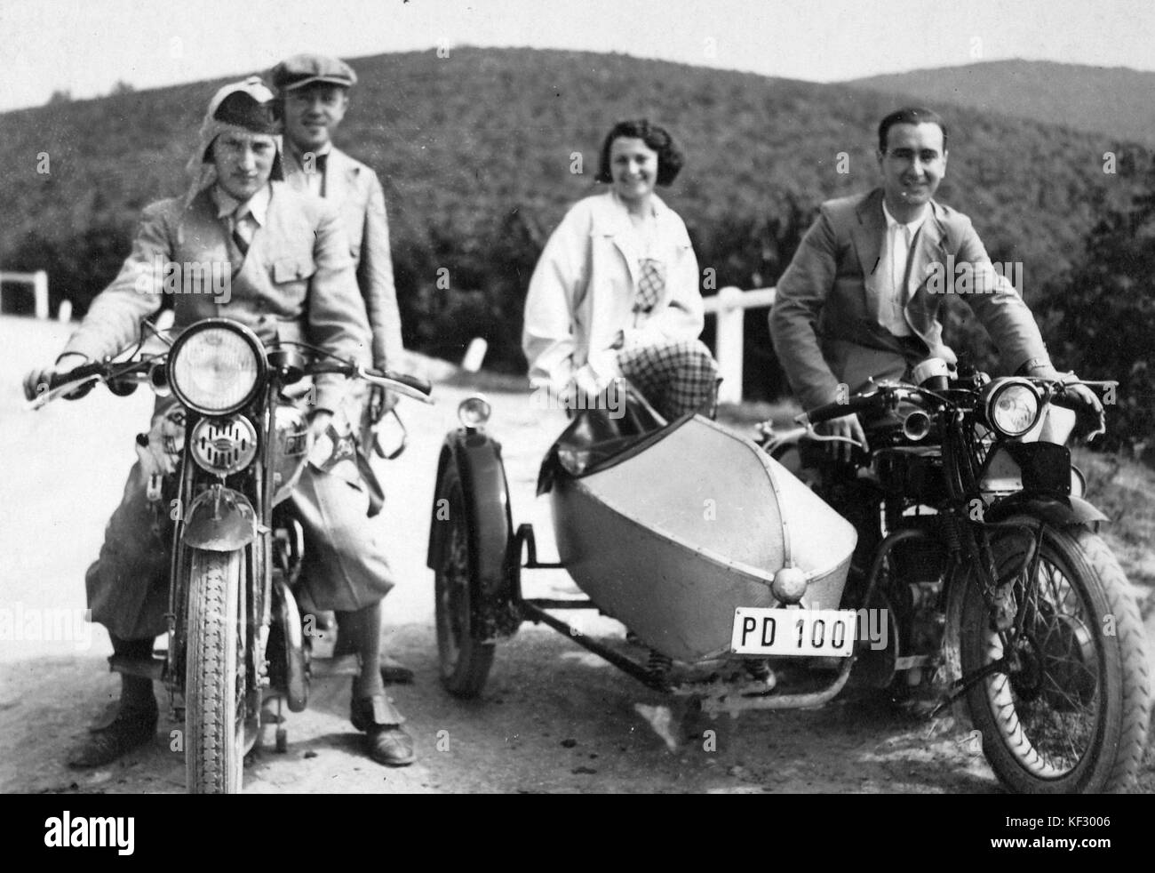 Puch brand, Belgian brand, motorcycle with sidecar, excursion, motorcycle, Austrian brand, men, woman, free time, travelling, mountain, breech, leather cap, number plate  12589 Stock Photo