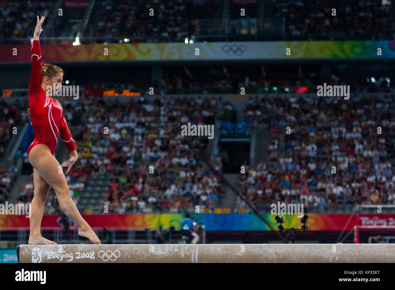 Shawn Johnson (USA) competing on the balance beam in the Women Team