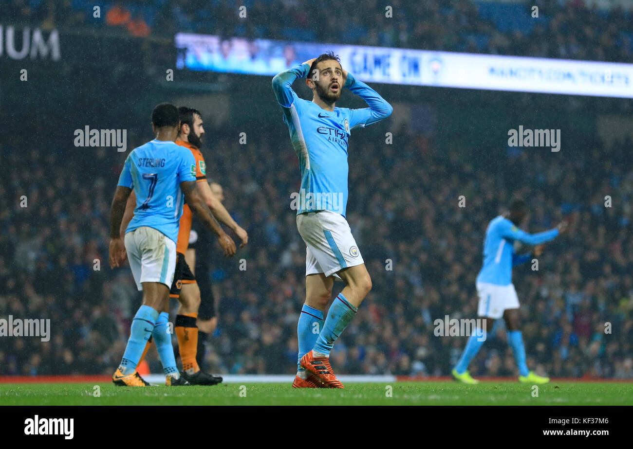 Manchester City's Bernado Silva shows his frustration after a missed chance during the Carabao Cup, Fourth Round match at the Etihad Stadium, Manchester. Stock Photo