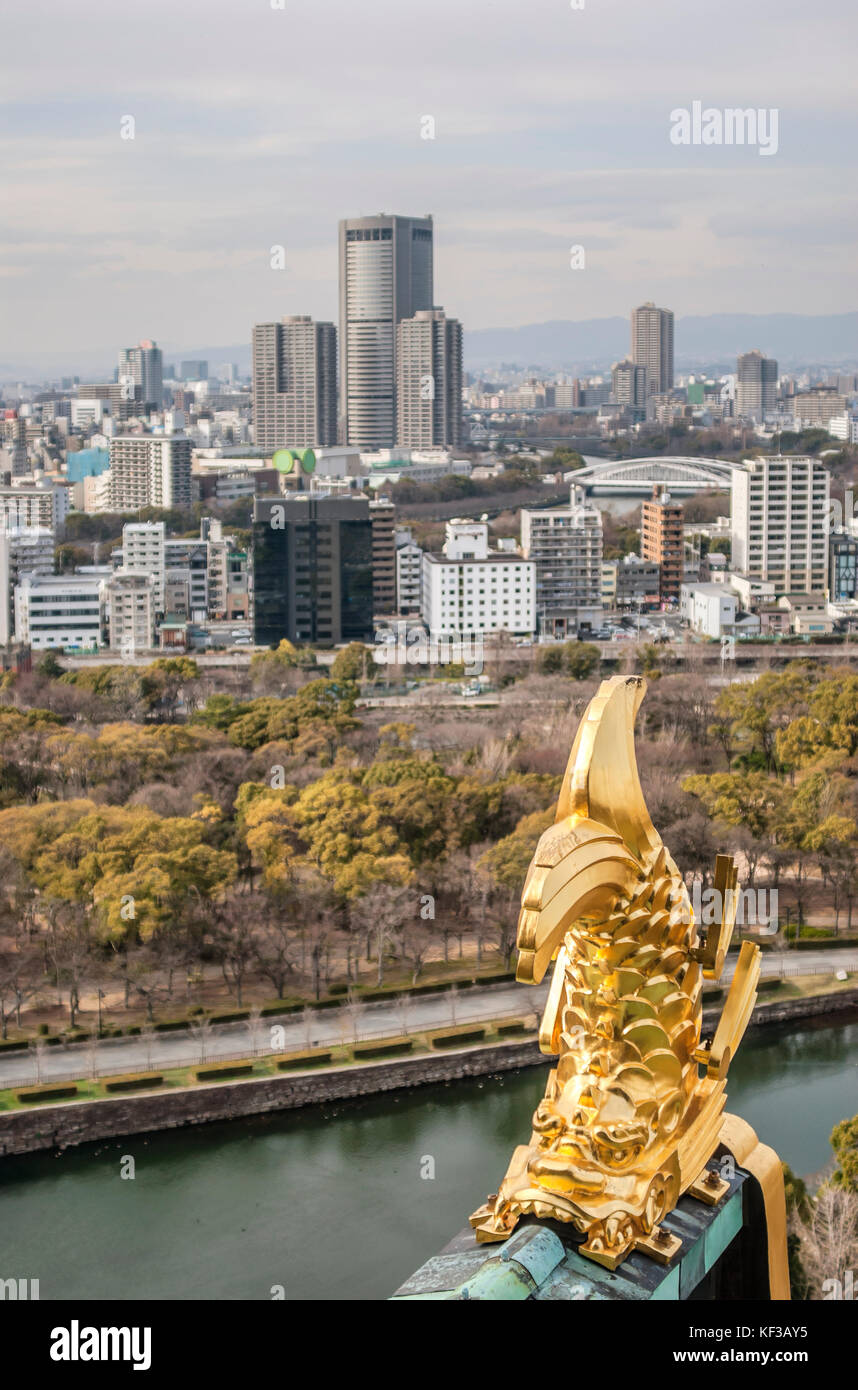 A shachihoko or shachi on the roof of Osaka castle, Japan, an animal in Japanese folklore with the head of a tiger and the body of carp Stock Photo