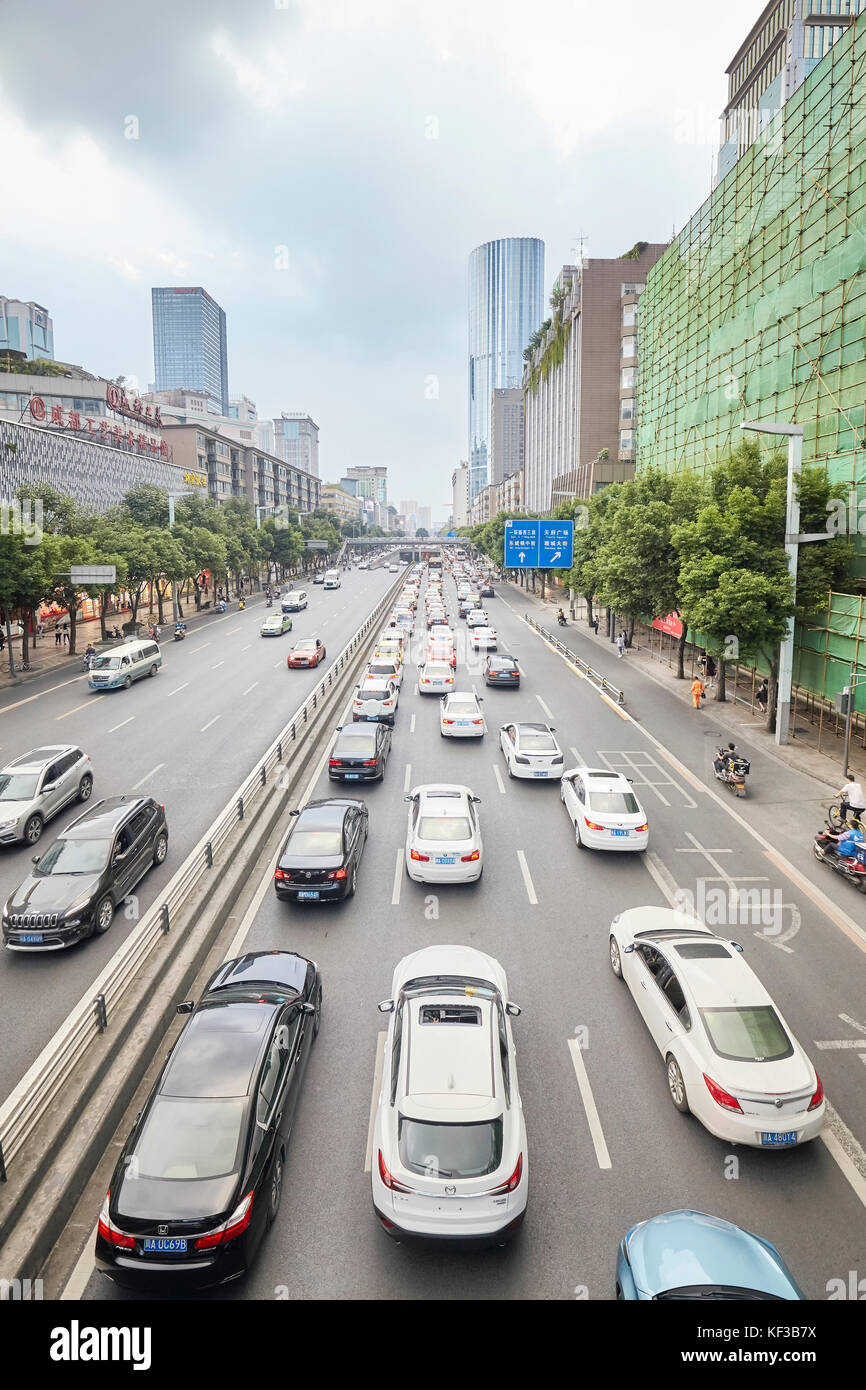 Chengdu, China - September 29, 2017: Traffic jam during rush hour in downtown Chengdu. Stock Photo