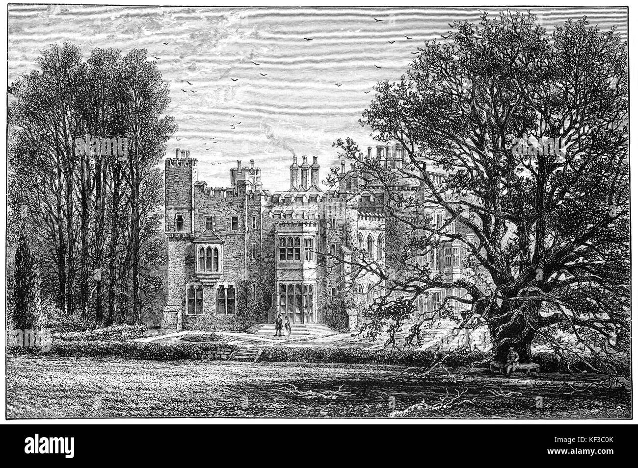 1890:  Hawarden Castle is a house in Hawarden, Flintshire, Wales. It was the estate of the former British Prime Minister William Ewart Gladstone, having previously belonged to the family of his wife, Catherine Glynne. Built in the mid-18th century, it was later enlarged and externally remodelled in the Gothic taste. Stock Photo