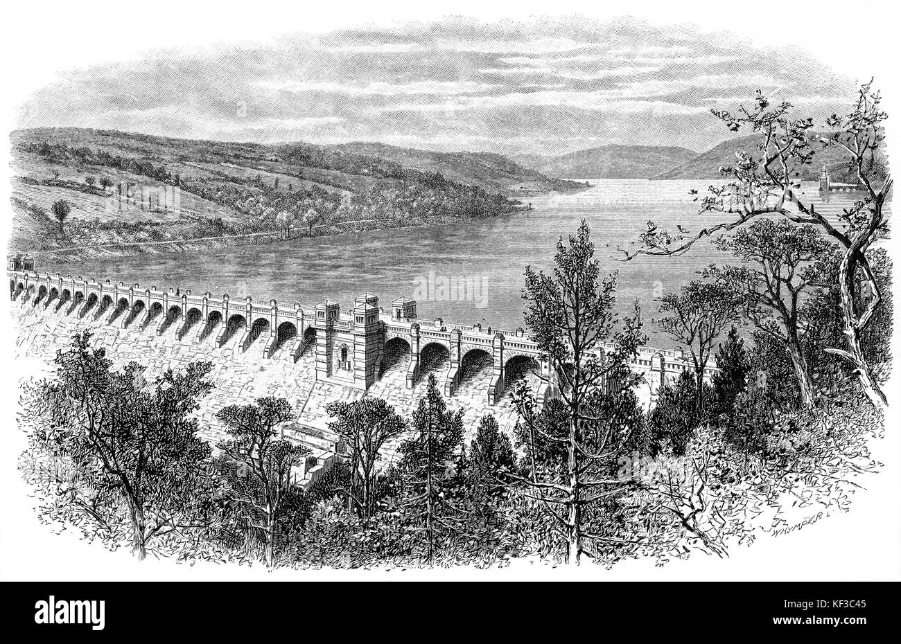 1890: Lake Vyrnwy is a reservoir in Powys, North Wales, built in the 1880s to supply Liverpool with fresh water. It flooded the head of the Vyrnwy valley and submerged the village of Llanwddyn. Dam construction started in 1881 and was completed in 1888 making it the first large stone-built dam in the United Kingdom. Stock Photo