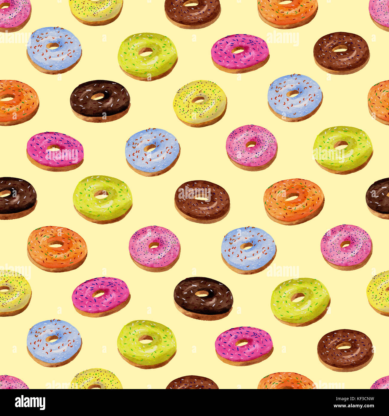 Glazed donuts colorful seamless pattern (watercolor hand drawn) on a ...