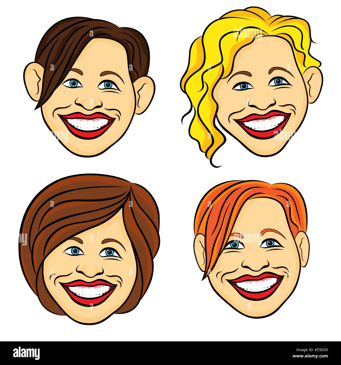 Four laughing female faces with amusing grimaces, hand drawing cartoon color vector illustrations isolated on the white background Stock Vector