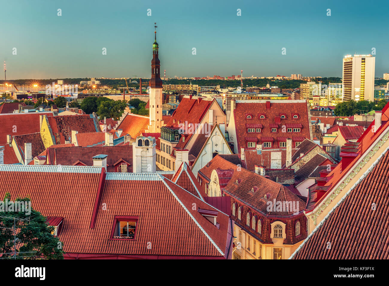 Tallinn, Estonia: aerial top view of the old town at night Stock Photo