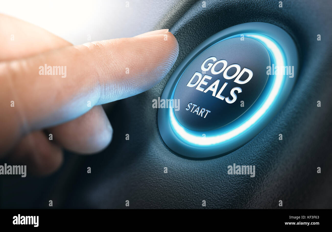 Finger pressing a car start button with the text good deals. Concept of automotive offers and discounts. Composite between a photography and a 3D back Stock Photo
