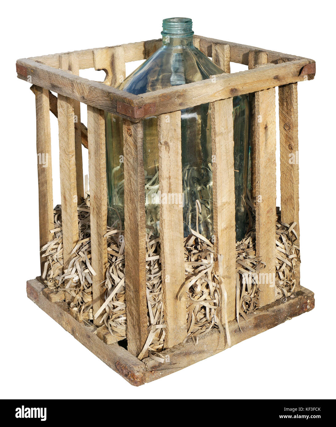 A huge glass bottle for a young wine in a wooden trellised box. Straw