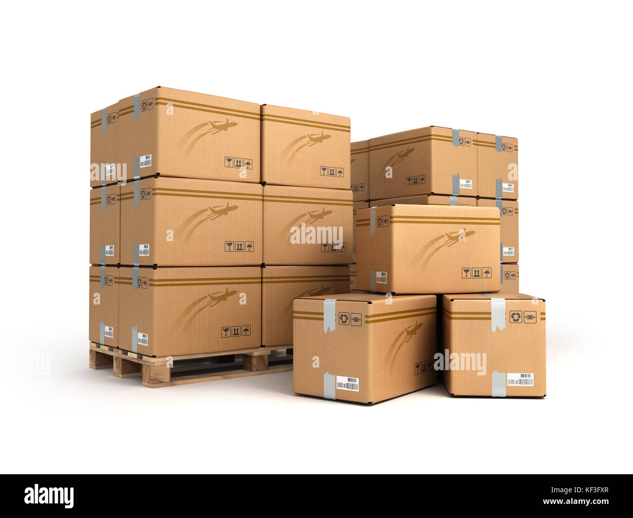 Cardboard boxes on pallet isolated on white, delivery and