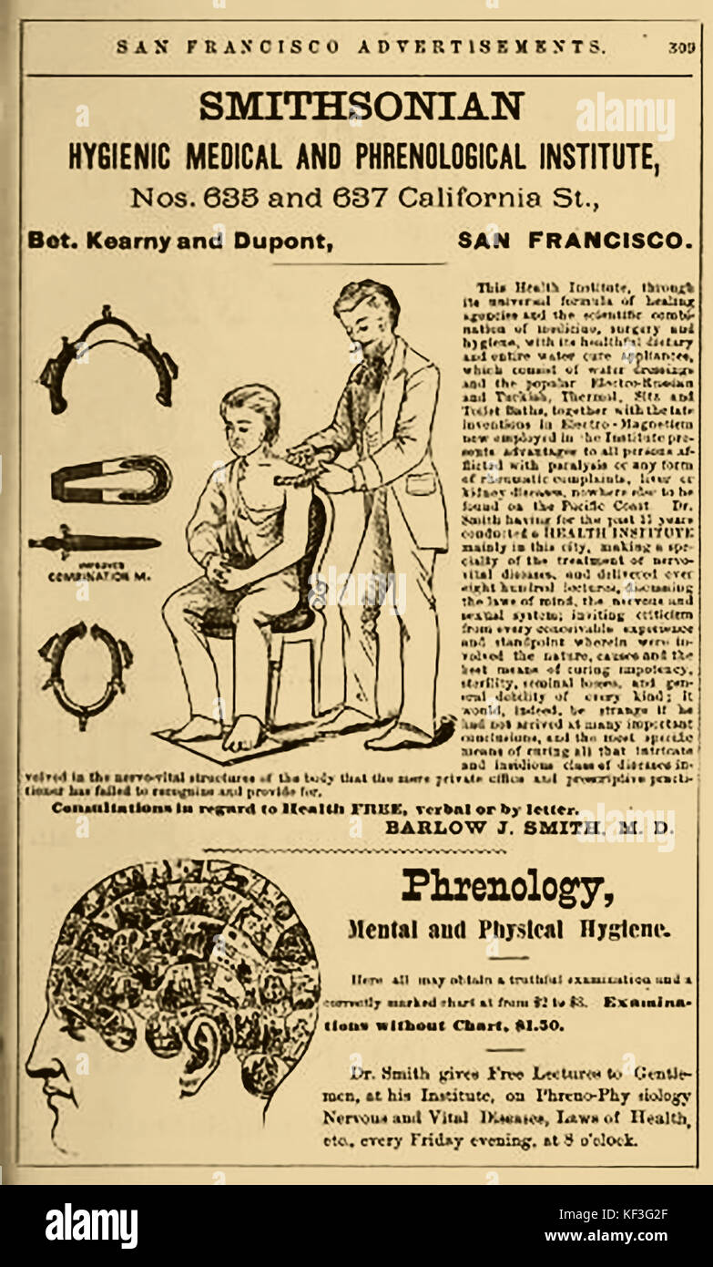1877 PHRENOLOGY -  USA advert for  the Smithsonian Hygienic Medical and Phrenological Institute San Francisco Stock Photo