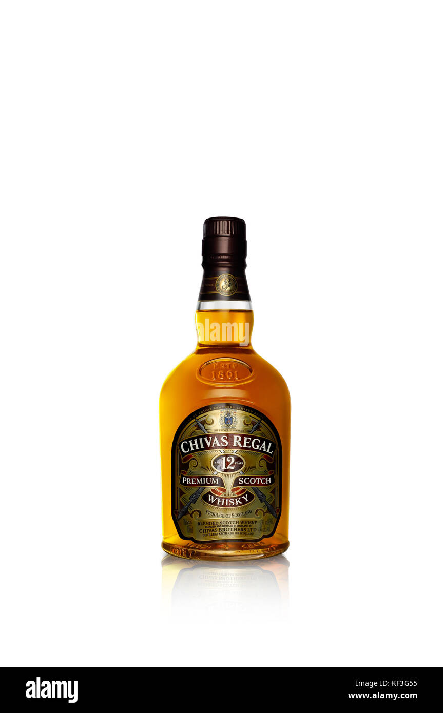 Kuala Lumpur, 23 OC2017: Bottle luxury Scotch whiskey Chivas Regal 12Y, Chivas Brothers Company Stock Photo