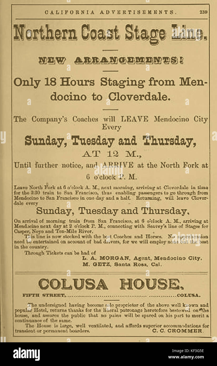 1877 STAGECOACH  - Northern Coast Stage Line Company Poster  - Mendocino to Cloverdale - advertising Colusa House Hotel owned by C C  Crommer Stock Photo