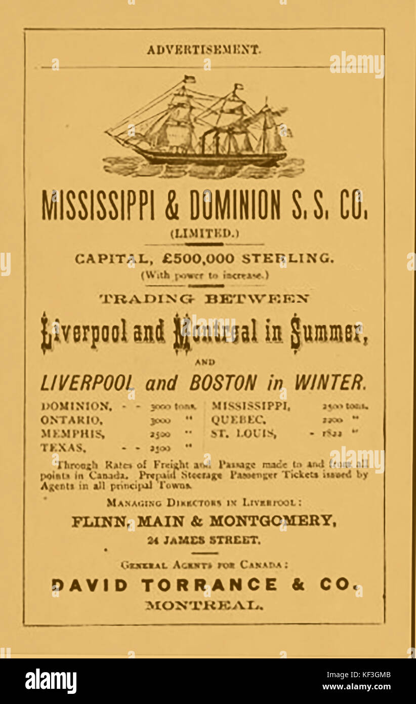 An  1876 advertisement for the Mississippi and Dominion Steam Ship Company of Canada -Flinn, Main & Montgomery, Managing directors Stock Photo