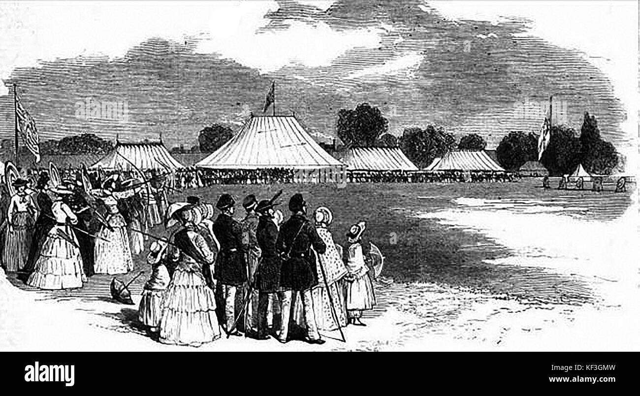 July 1851 - A 'Grand National Archery Meeting at Leamington UK - Ladies competition) (Royal Leamington Spa Archery Society) Stock Photo