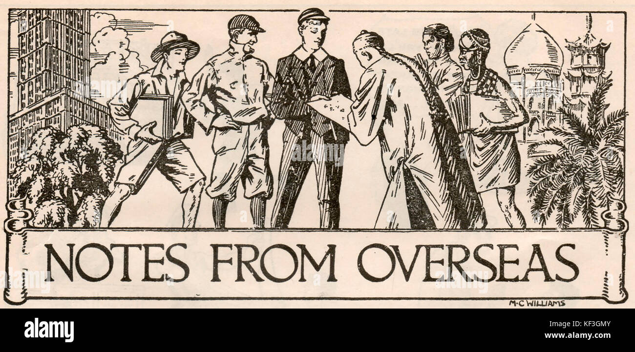 NOTES FROM OVERSEAS , A page header from the Boys Own Annual 1932-33 featuring  a schoolboy, a racing jockey (or an american?), a boy scout (or a Canadian?) , a Chinese man, an Asian Indian and an African Stock Photo