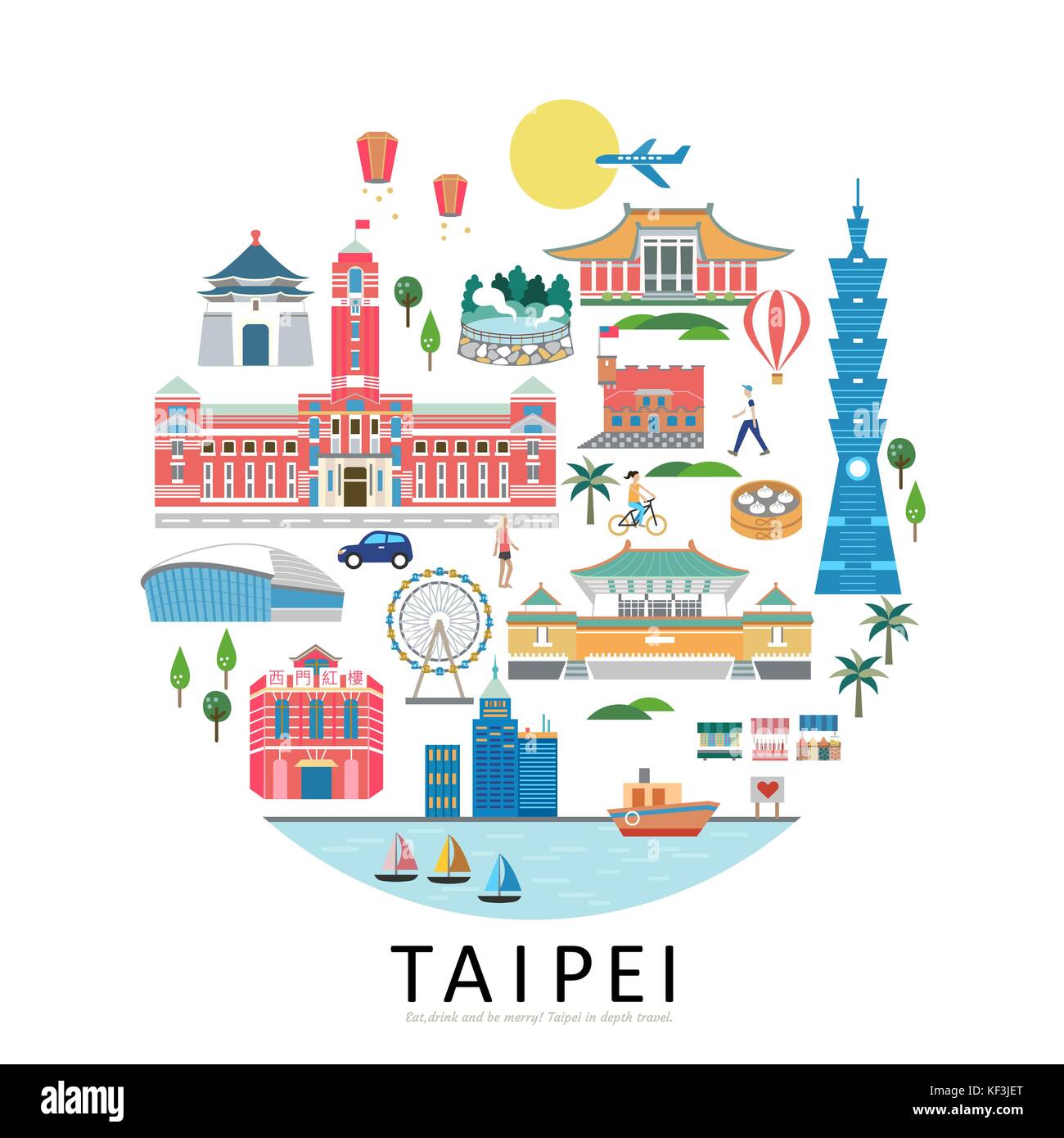 Taipei landmarks collection, circle shape of taiwan travel concept illustration Stock Vector