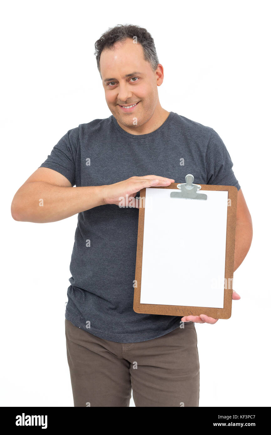Man holds blank clipboard. Space for offers and promotions, menu of the ...