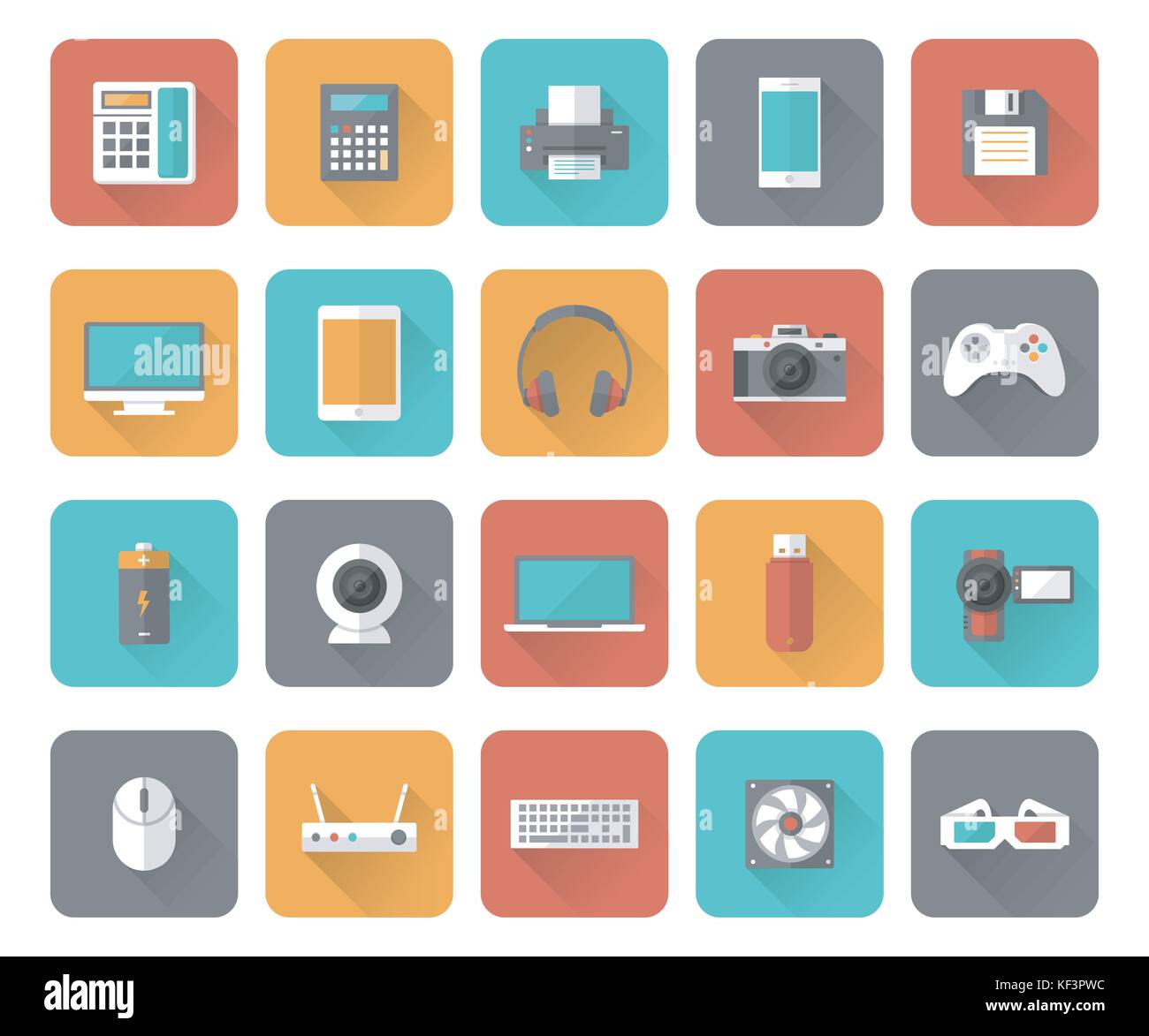 Set of 25 flat office, business, media and web design icons with long shadow effect. Stock Vector