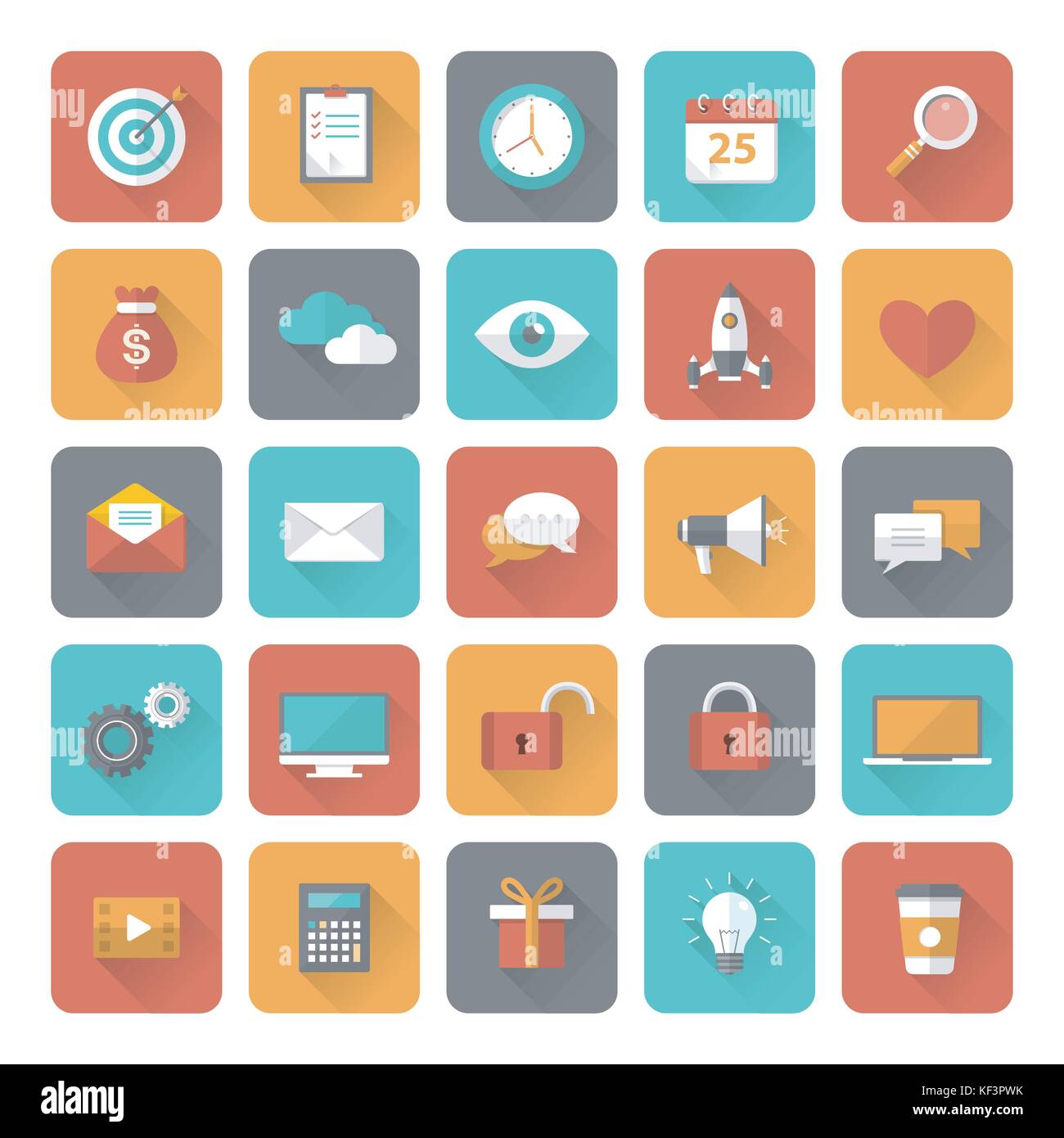 Set of 25 flat office, business, media and web design icons with long ...
